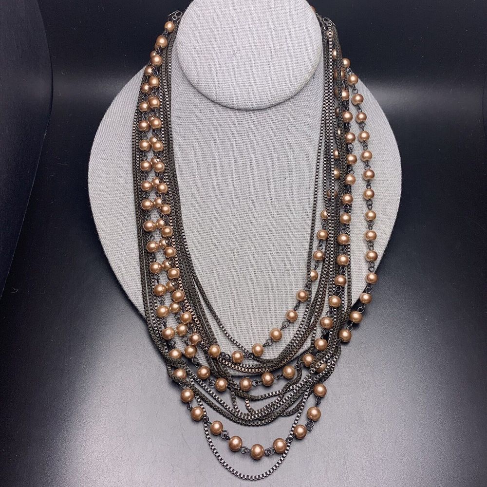 Coldwater Creek Necklace Antiqued Bronze Champagne Faux Pearl Multi Box Chain